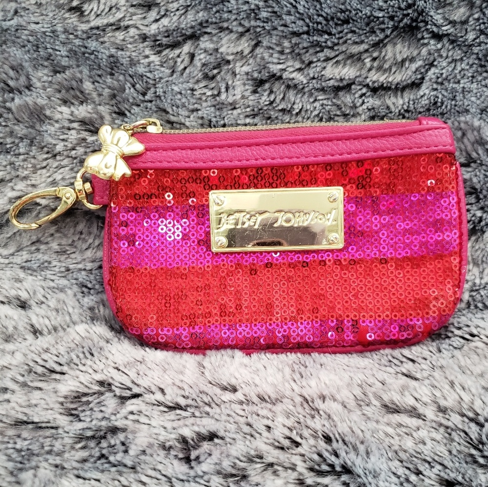 Betsey Johnson ID Card Coin Pouch Pink Red Sequins